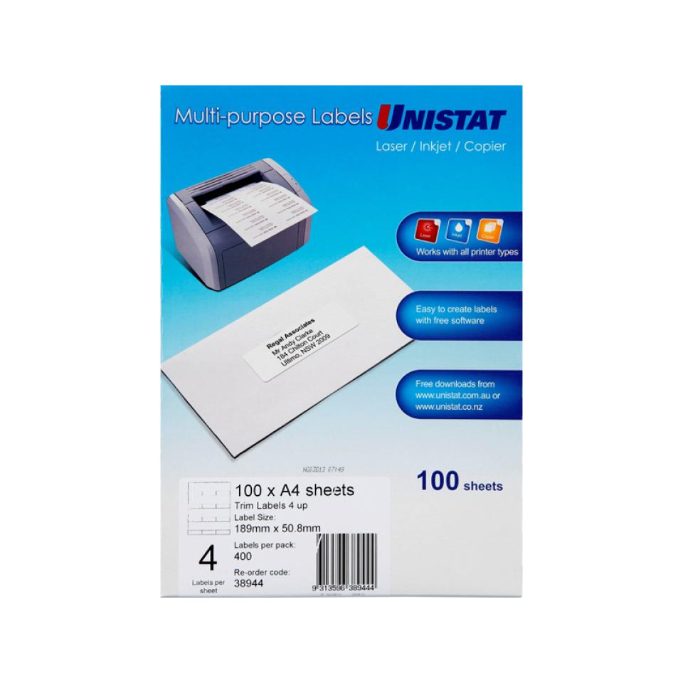 Unistat Lip 4/A4 Trim Sheet Labels Box 100
