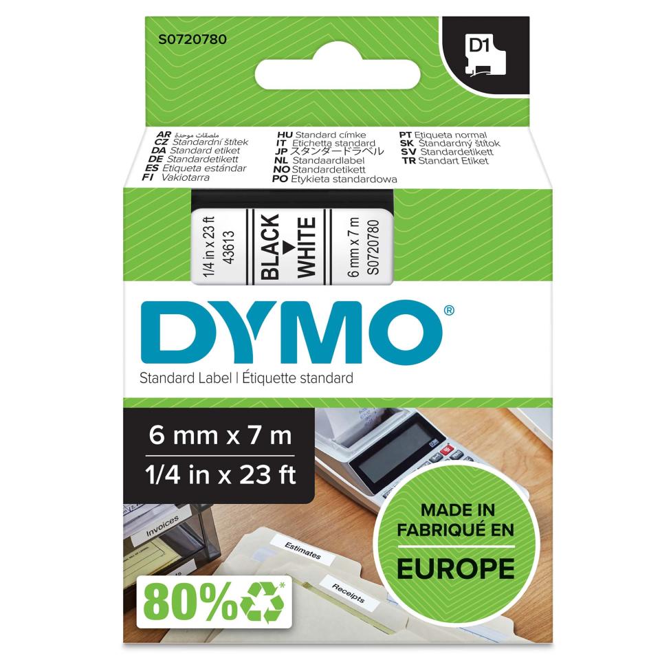 Dymo D1 Label Printer Tape 6mm x 7m Black On White