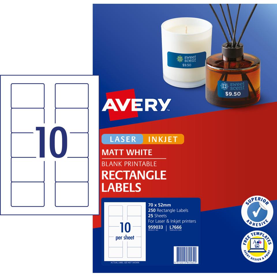 Avery Permanent Multi-purpose Labels - 70 x 52mm - 250 Labels (L7666)