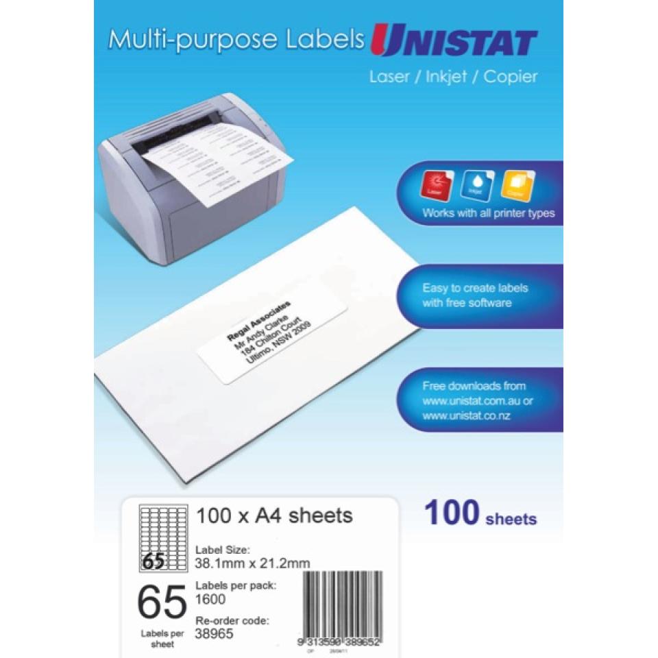Unistat 38965 Labels 38.1 x 21.2mm 65 Sheet Pack 100