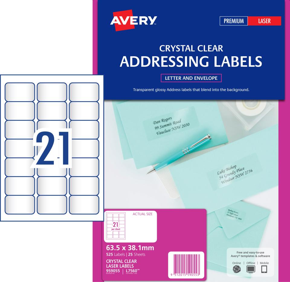 Avery Crystal Clear Address Labels for Laser Printers - 63.5 x 38.1mm ...