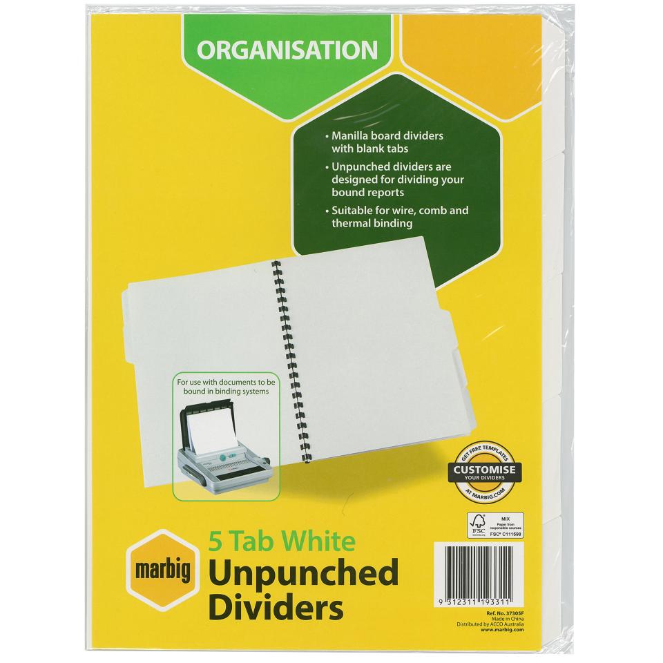 Marbig Dividers A4 Manilla Unpunched White 5 Tab