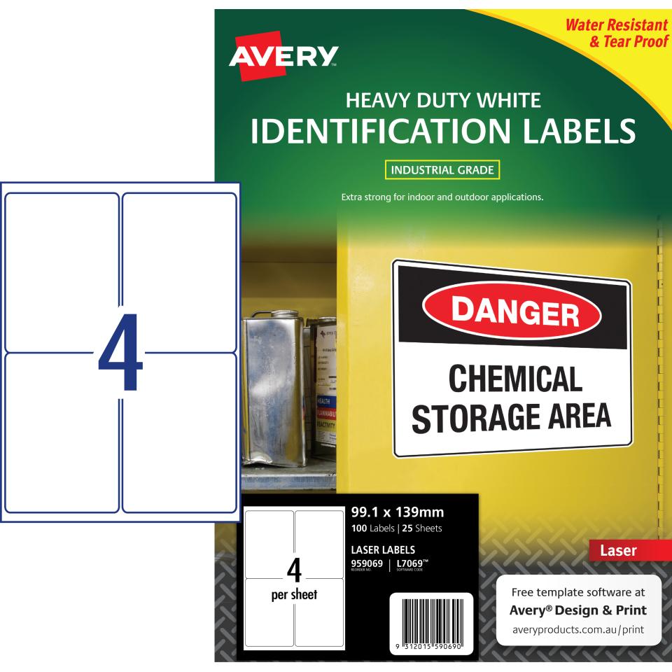 Avery White Heavy Duty Labels for Laser Printers - 99.1 x 139mm - 100 Labels (L7069)