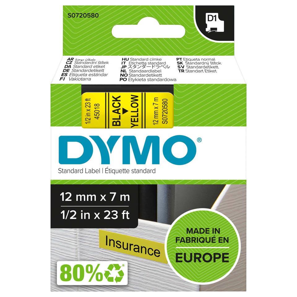 Dymo D1 Label Printer Tape 12mm x 7m Black On Yellow Image
