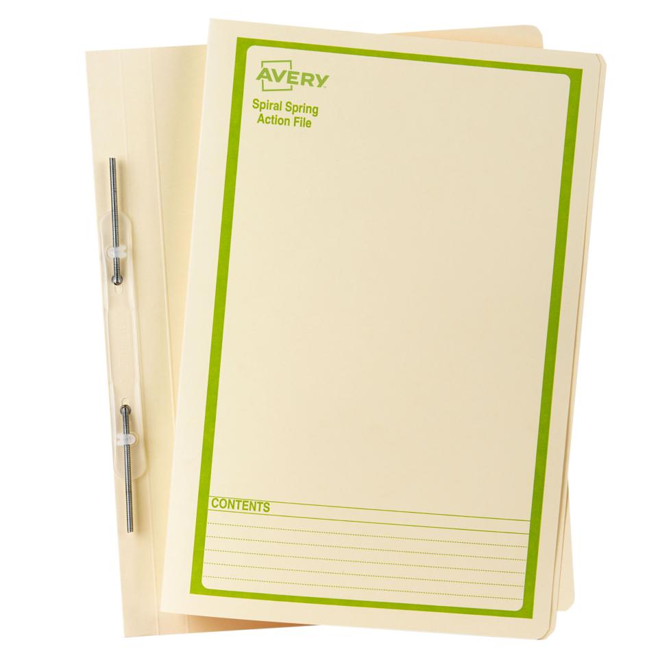 Avery Spiral Spring Action File Buff with Green Print Foolscap 355 x 241mm