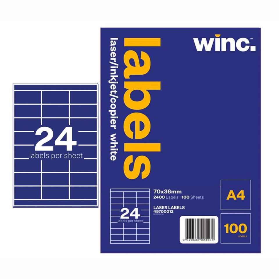 Winc Laser Labels 70 X 36mm 24 Per Sheet Pack White 100 Sheets | Winc