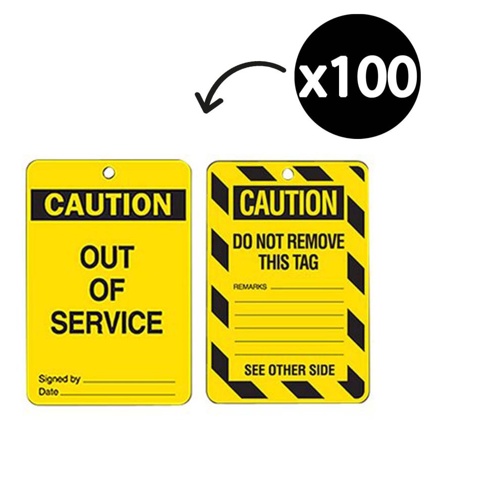 Brady 842372 Lockout Tags Caution Out Of Service Yellow/Black Pack 100