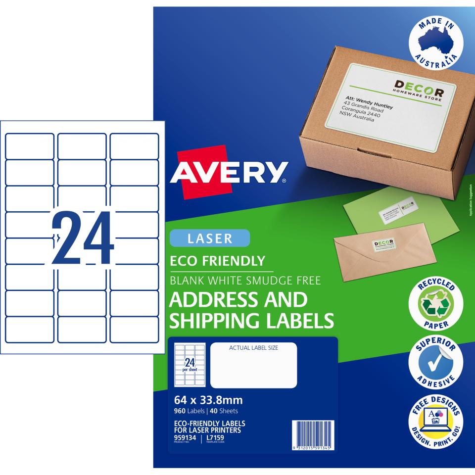 Avery L7159 FSC Eco Friendly Address Shipping 24up 64x33.8mm Pack 40