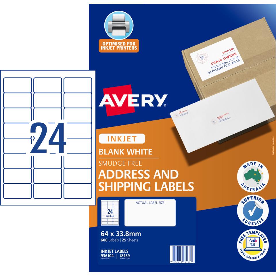 Avery J8159 Address Labels with Quick Peel for Inkjet Printers 64 x 33.8mm 600 Labels 