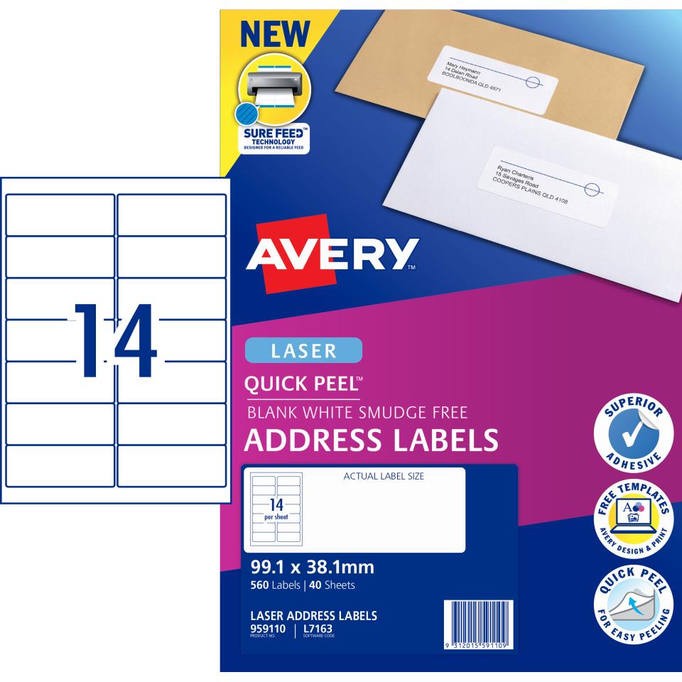 Avery Address Labels with Quick Peel for Laser Printers - 99.1 x 38.1mm - 560 Labels (L7163)