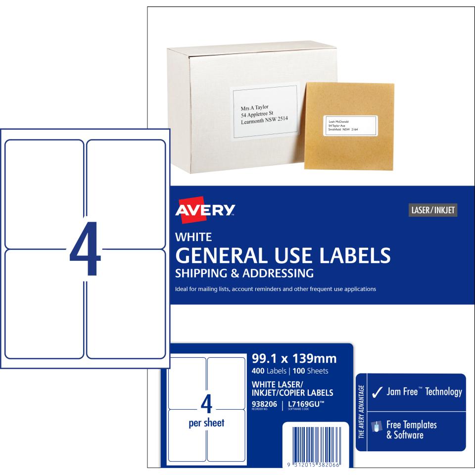 Avery General Use Labels 99.1 x 139mm 400 Labels (L7169GU)