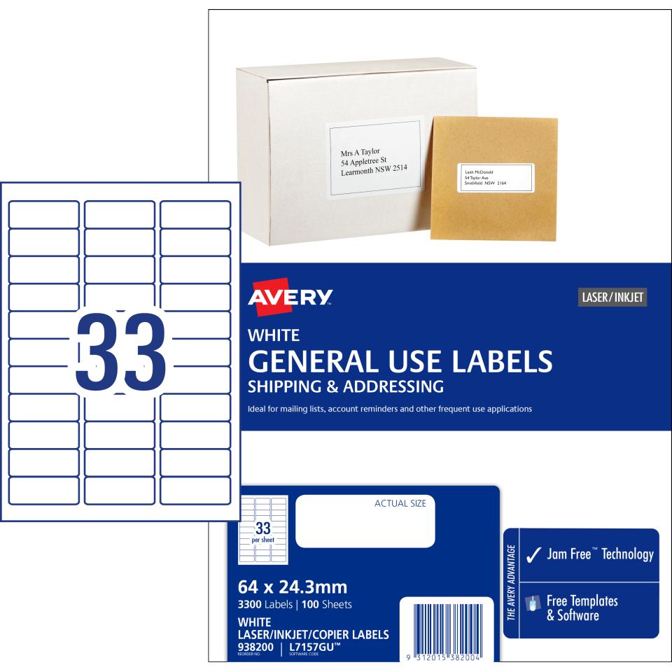 Avery General Use Labels - 64 x 24.3mm - 3300 Labels (L7157GU)