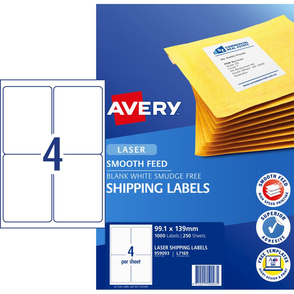 Avery Shipping Labels with Smooth Feed for Laser Printers - 99.1 x 139mm - 1000 Labels (L7169)