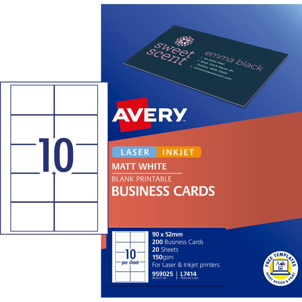 Avery Matte Finish Business Cards 90 x 52mm 150g/m2 (L7414)200 cards