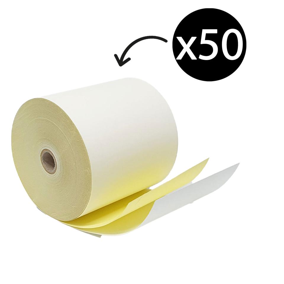 Carbonless Paper Roll 76x76mm 12mm core 2ply White Yellow Carton 50
