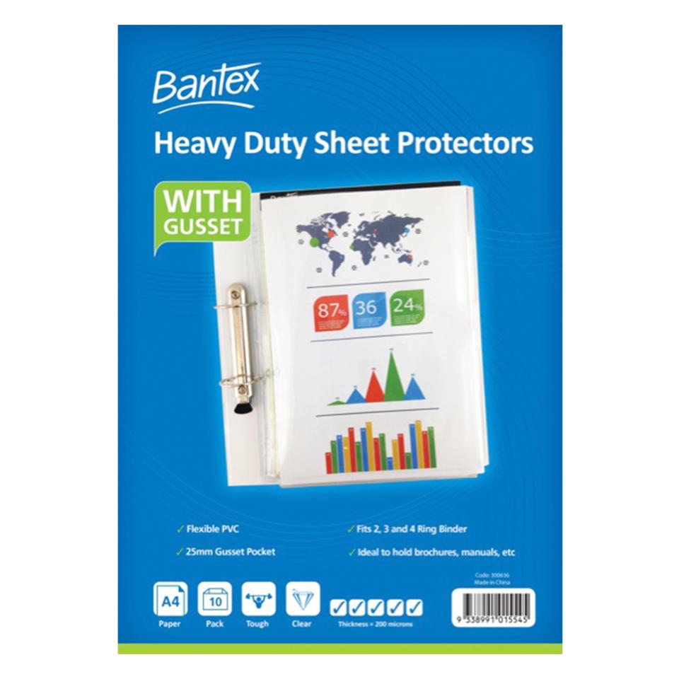 Bantex Heavy Duty Sheet Protector A4 with Gusset 200 Microns Pack of 10