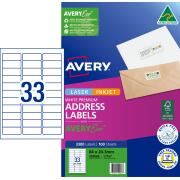 Avery Premium White Inkjet Laser Address Labels with AveryEco 33UP 100 Sheets 64 x 24.3mm L7157
