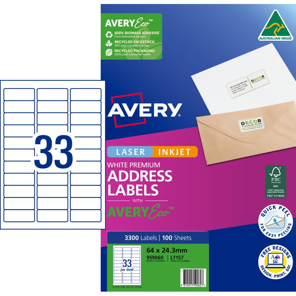 Avery Premium White Inkjet Laser Address Labels with AveryEco 33UP 100 ...