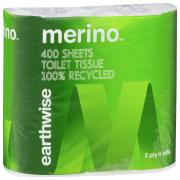 Merino Earthwise Toilet Tissue 2 Ply 400 Sheet Pack 4