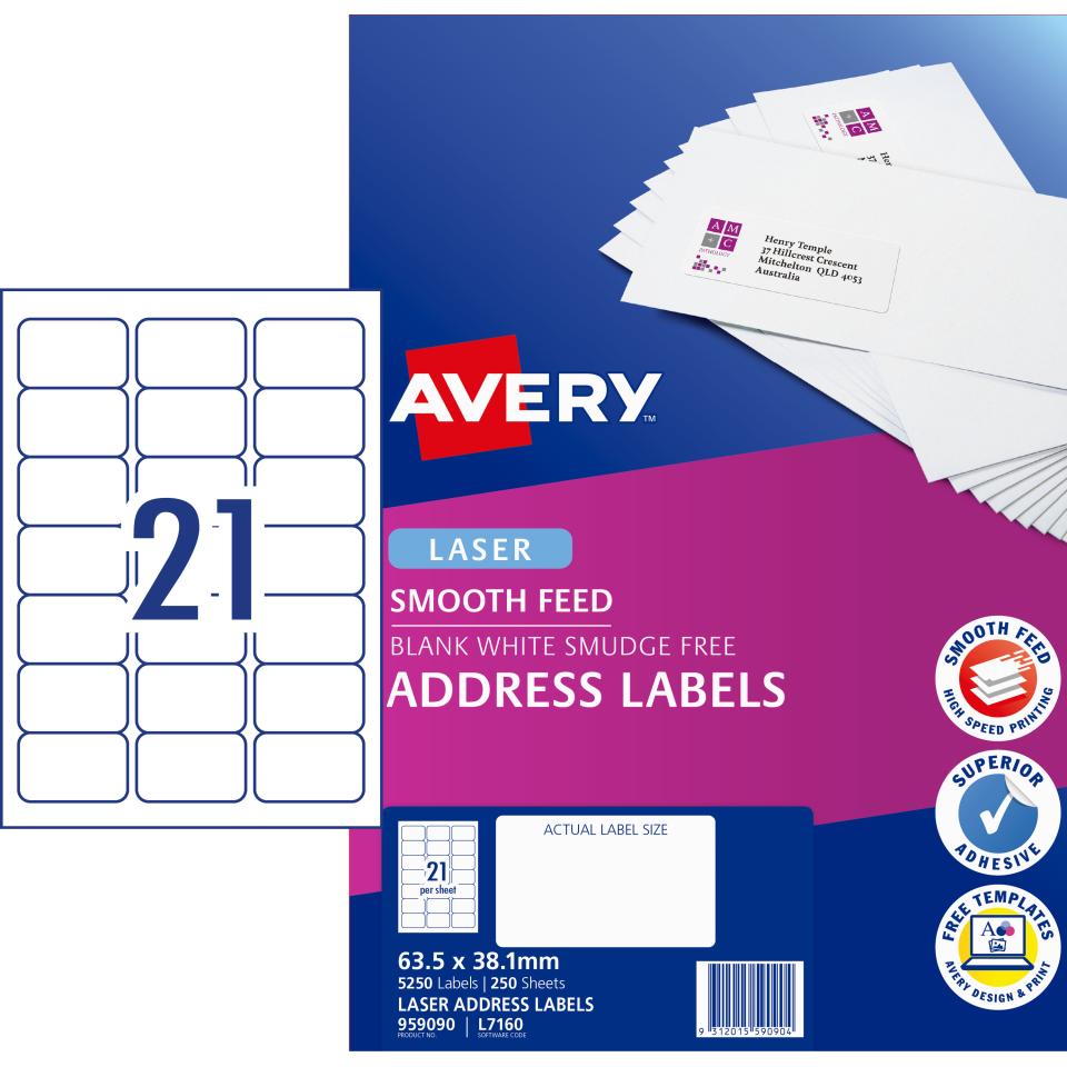 Avery Address Labels with Smooth Feed for Laser Printers - 63.5 x 38.1mm - 5250 Labels (L7160)