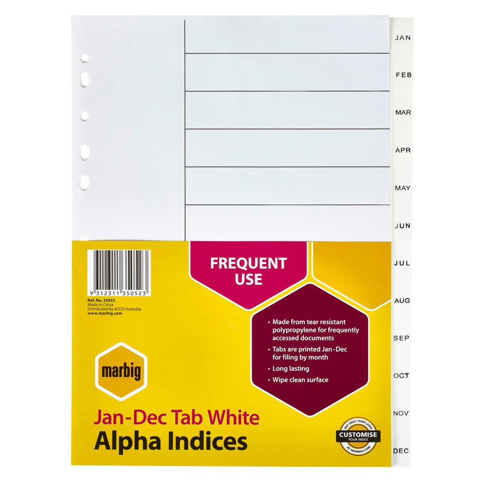 Marbig Dividers A4 Polypropylene Jan-Dec White 12 Tab Image