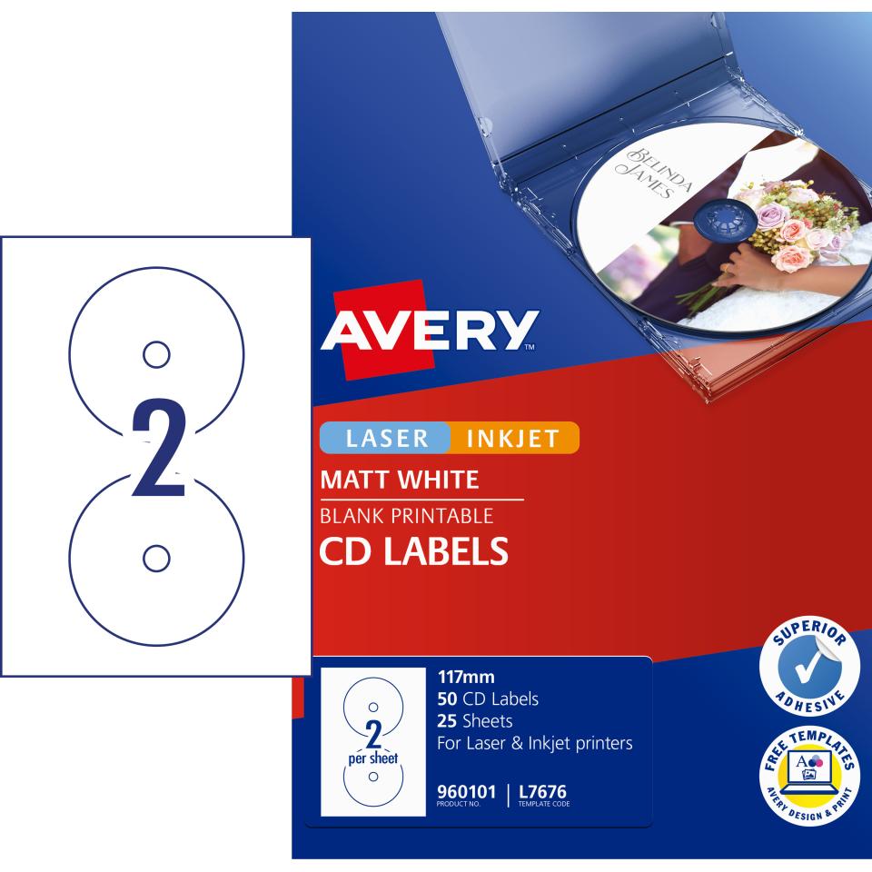 Avery White CD Labels for Laser Printers - 117mm diameter - 50 Labels (L7676)