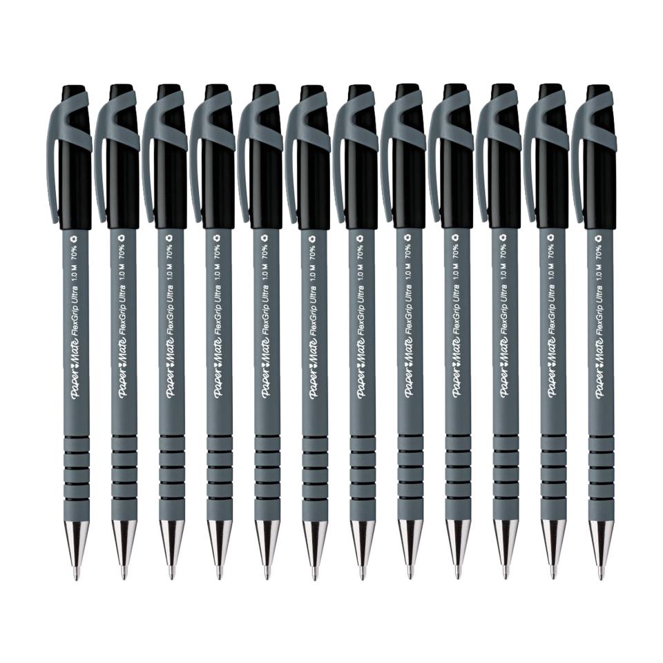 Paper Mate FlexGrip Ultra Retractable Ballpoint Pen, 1.0mm Point, Gray  Comfort Barrel - 12 / Box - Black Ink 