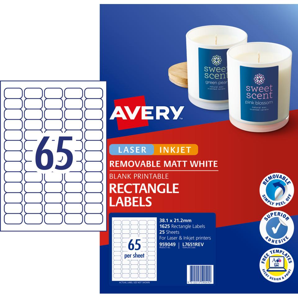 Avery Removable Multi-purpose Labels - 38.1 x 21.2mm - 1625 Labels (L7651REV)