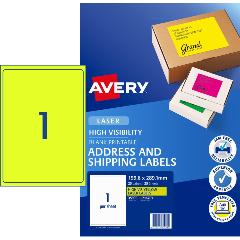 Avery Fluoro Yellow Shipping Labels for Laser Printers - 199.6 x 289.1mm - 25 Labels (L7167FY)