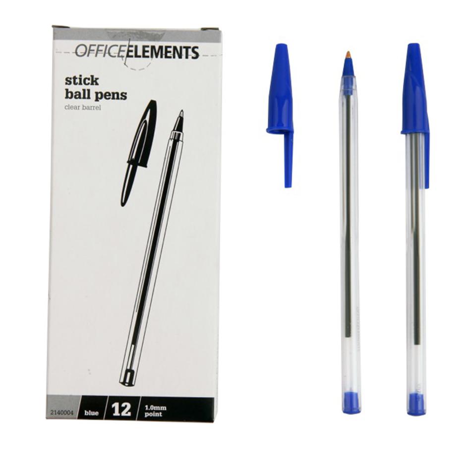 Office Elements Ballpoint Pens Clear Barrel  Medium Tip Blue Box 12 |  Winc