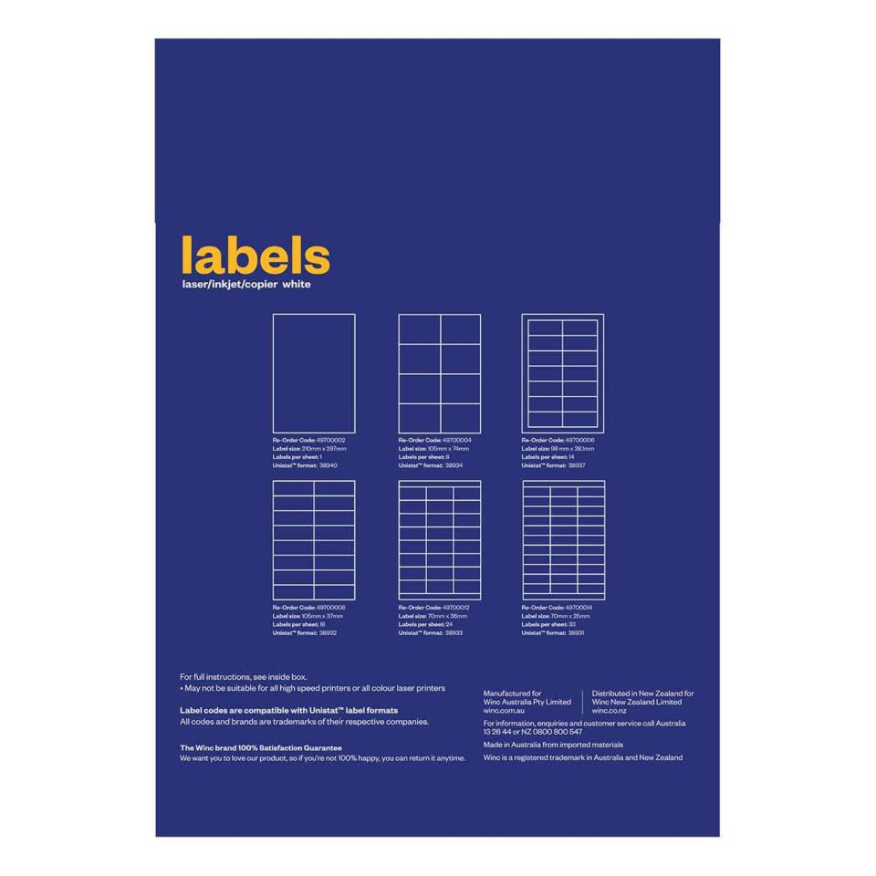 Winc Laser Labels 105 x 37mm 16 Per Sheet Pack White 100 Sheets | Winc