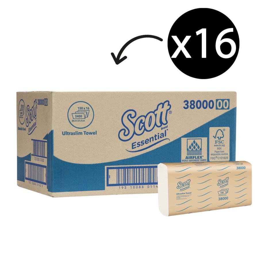 Scott Essential 38000 Ultraslim Towel White 24 x 21cm Pack 150 Towels Carton 16
