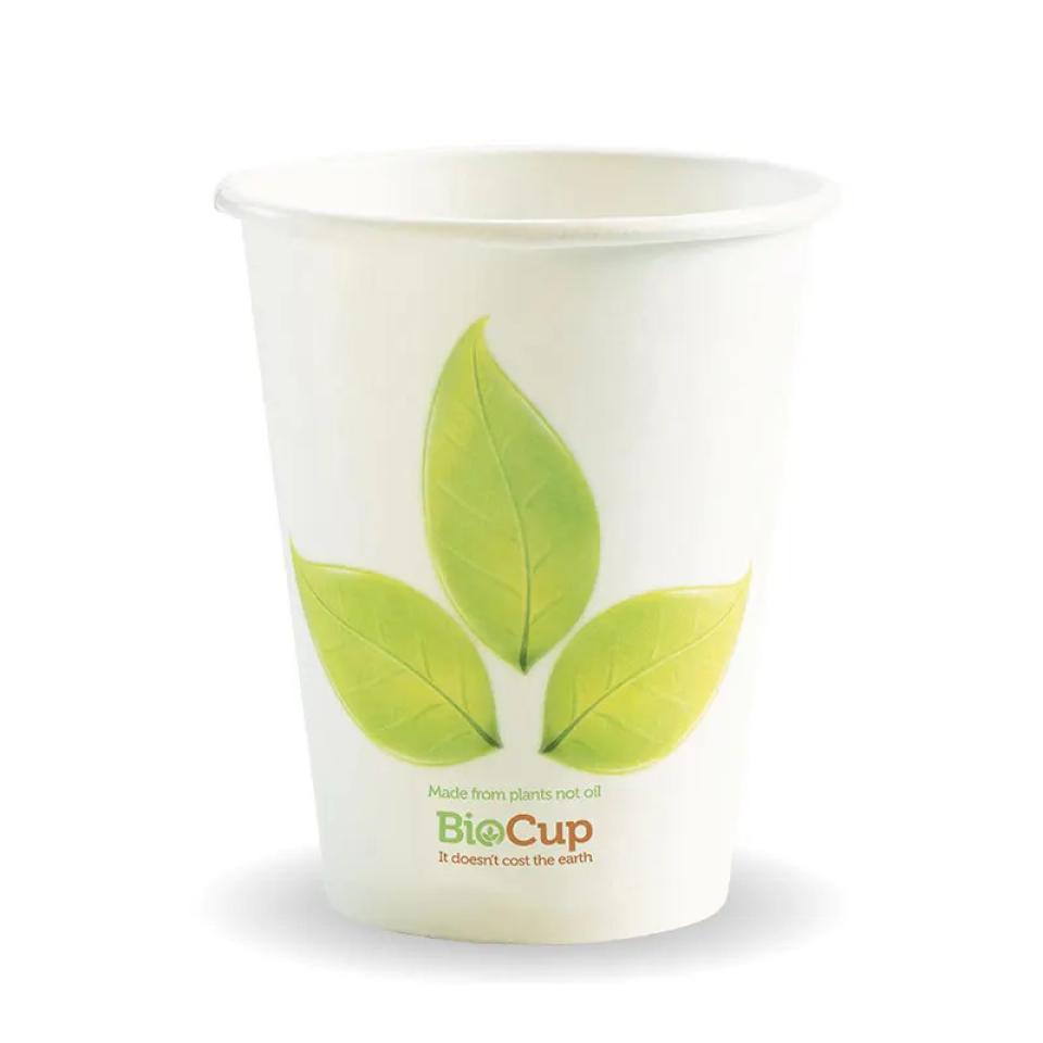 Biopak Single Wall Biocup 8Oz/270ml White Leaf Design Carton 1000 Image