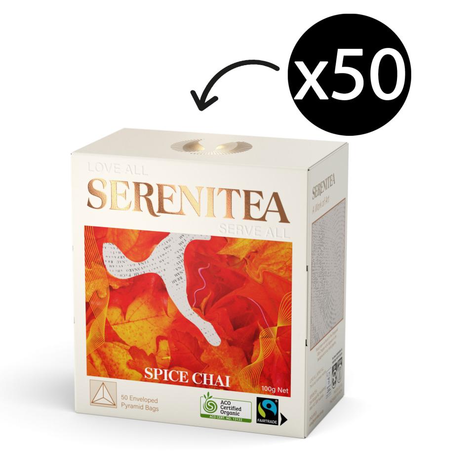 SereniTEA Organic & Fairtrade Spice Chai Enveloped Pyramid Tea Bags Pack 50