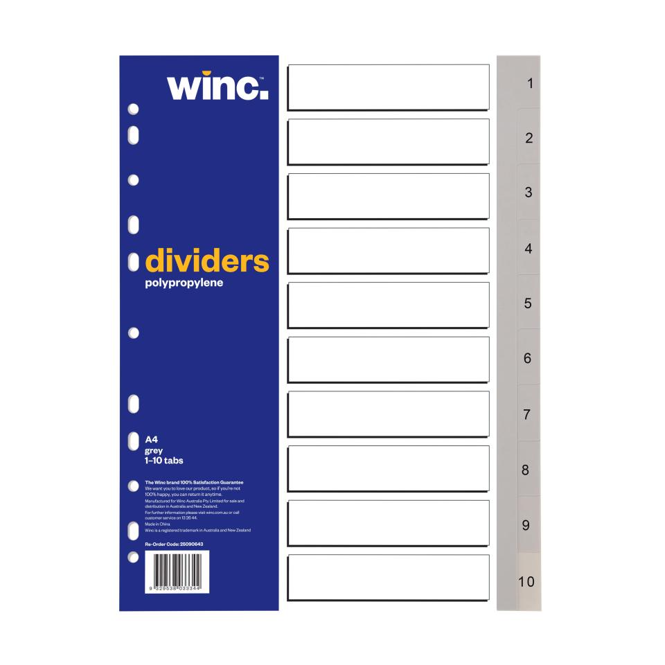 Winc Dividers A4 Polypropylene 1-10 Numerical Grey Tab
