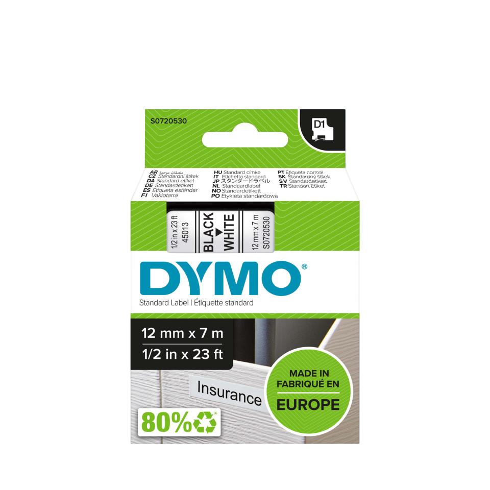 Dymo D1 Label Printer Tape 12mm x 7m Black On White