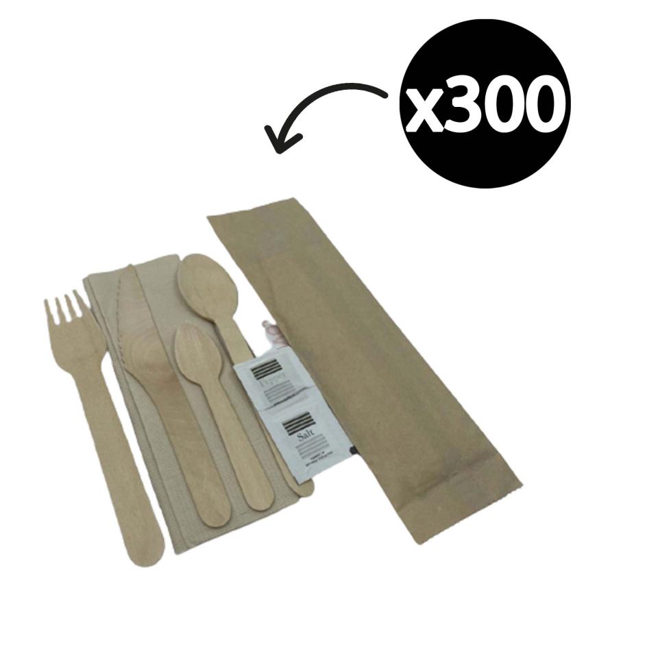 Wooden Cutlery Disposable Pack Full Set With Napkin + Salt + Pepper And Sugar Carton 300 Image