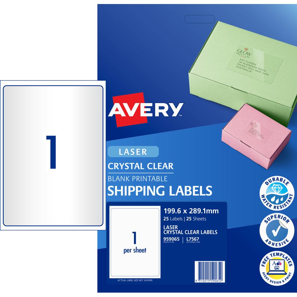 Avery Crystal Clear Shipping Labels for Laser Printers - 199.6 x 289.1mm - 25 Labels (L7567)