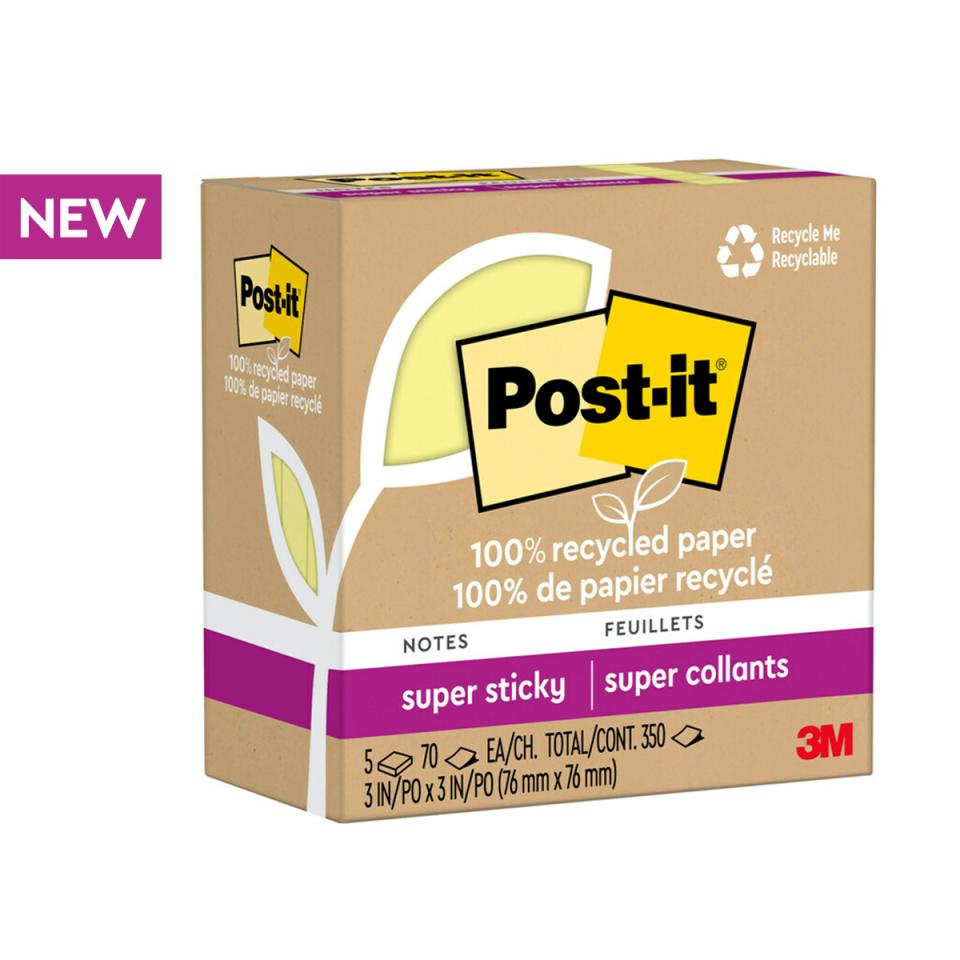 Post-it 100% Recycled Paper Super Sticky Notes 5pk 76x76 Canary