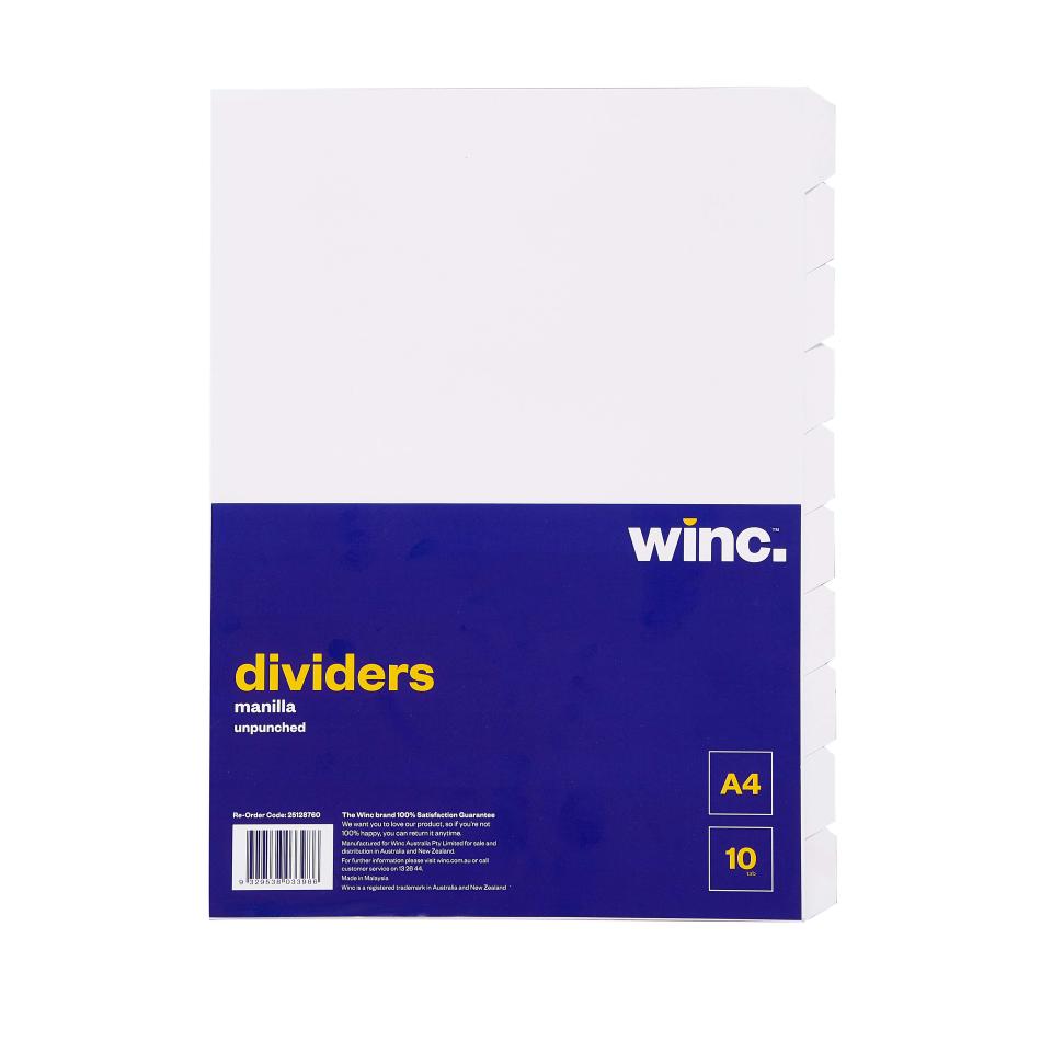 Winc Dividers A4 Manilla Unpunched White 10 Tab