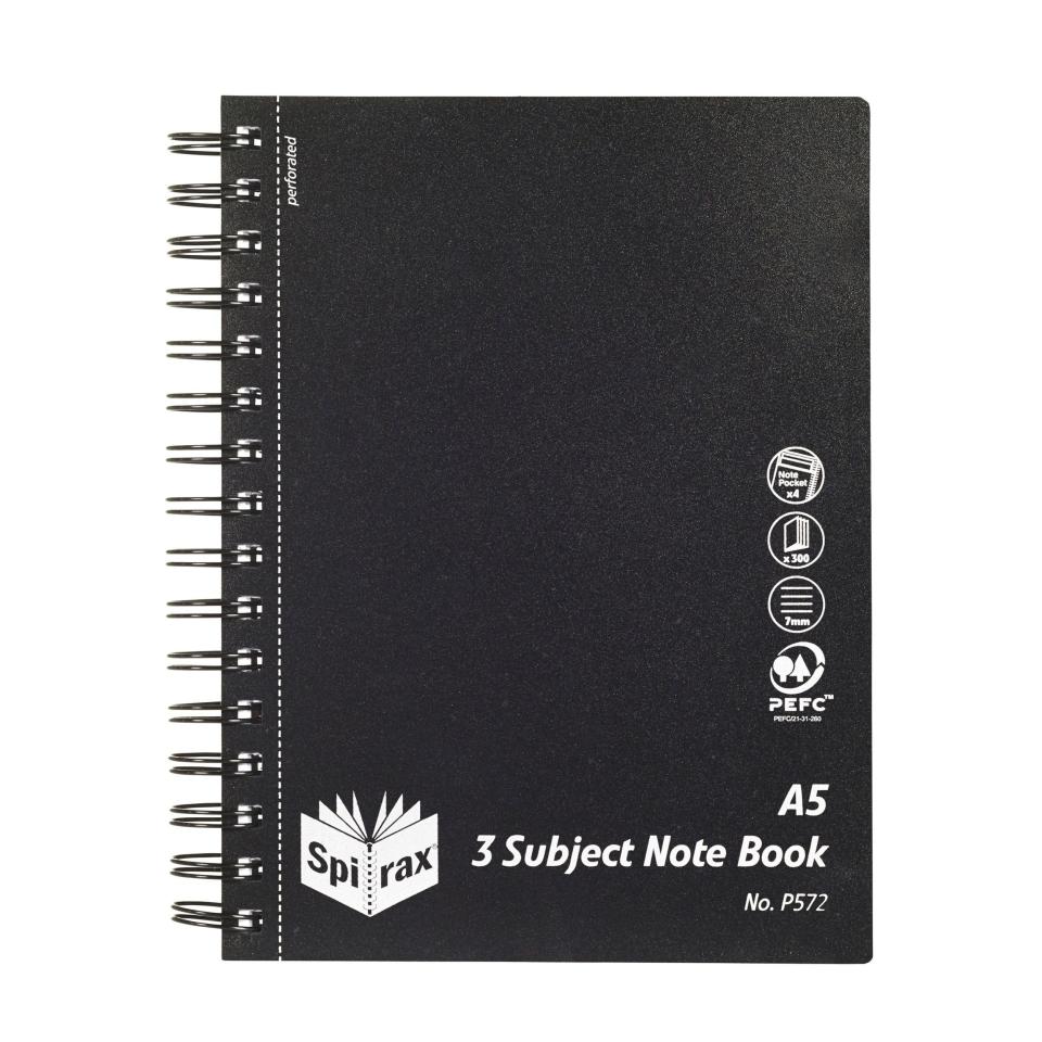 Spirax P572 PP 3 Subject Notebook A5 Side Opening 300 Pages Black