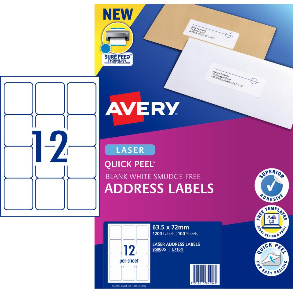 Avery Address Labels with Quick Peel for Laser Printers - 63.5 x 72mm - 1200 Labels (L7164)