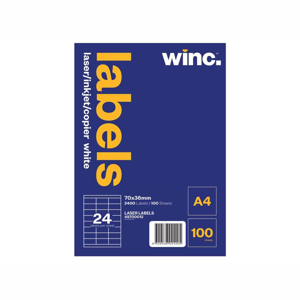 Winc Laser Labels 70 x 36mm 24 Per Sheet Pack White 100 Sheets Winc