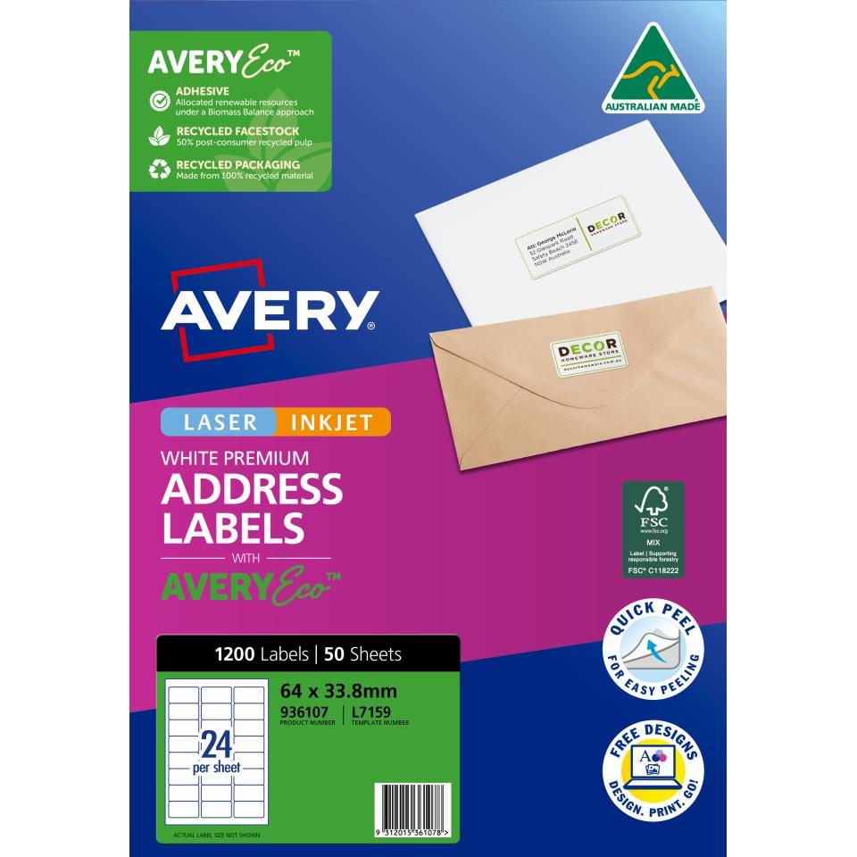 Avery Premium White Inkjet Laser Adressing Labels with AveryEco 24UP 50 Sheets 64 x 33.8mm L7159 Image
