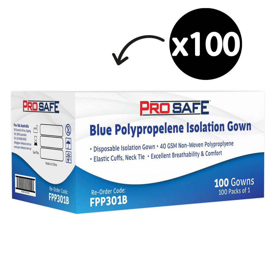Pro Safe Polypropylene Isolation Gown Neck Tie With Elastic Cuffs Blue Carton 100