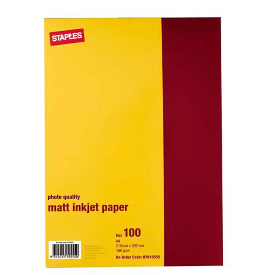 Staples Matt Inkjet Photo Paper A4 100gsm White Pack 100 Winc