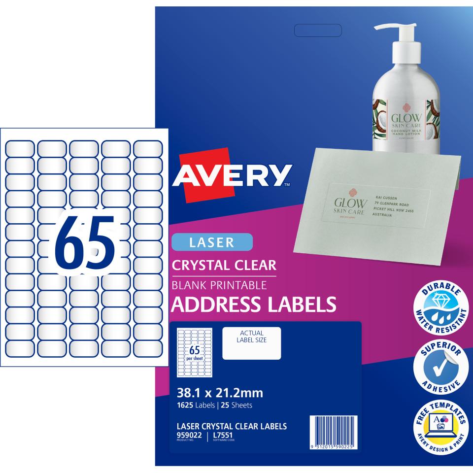 Avery Crystal Clear Address Labels for Laser Printers - 38.1 x 21.2mm - 1625 Labels (L7551)