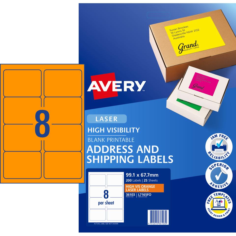Avery L7165FO Hi-visibility Label Laser Fluoro Orange 8 per sheet 99.1 x 67.7mm 25/ Pack