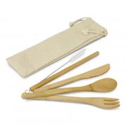 Bamboo Cutlery Set with Knife Fork Spoon Straw Cleaning Brush In A Cotton Drawstring Bag