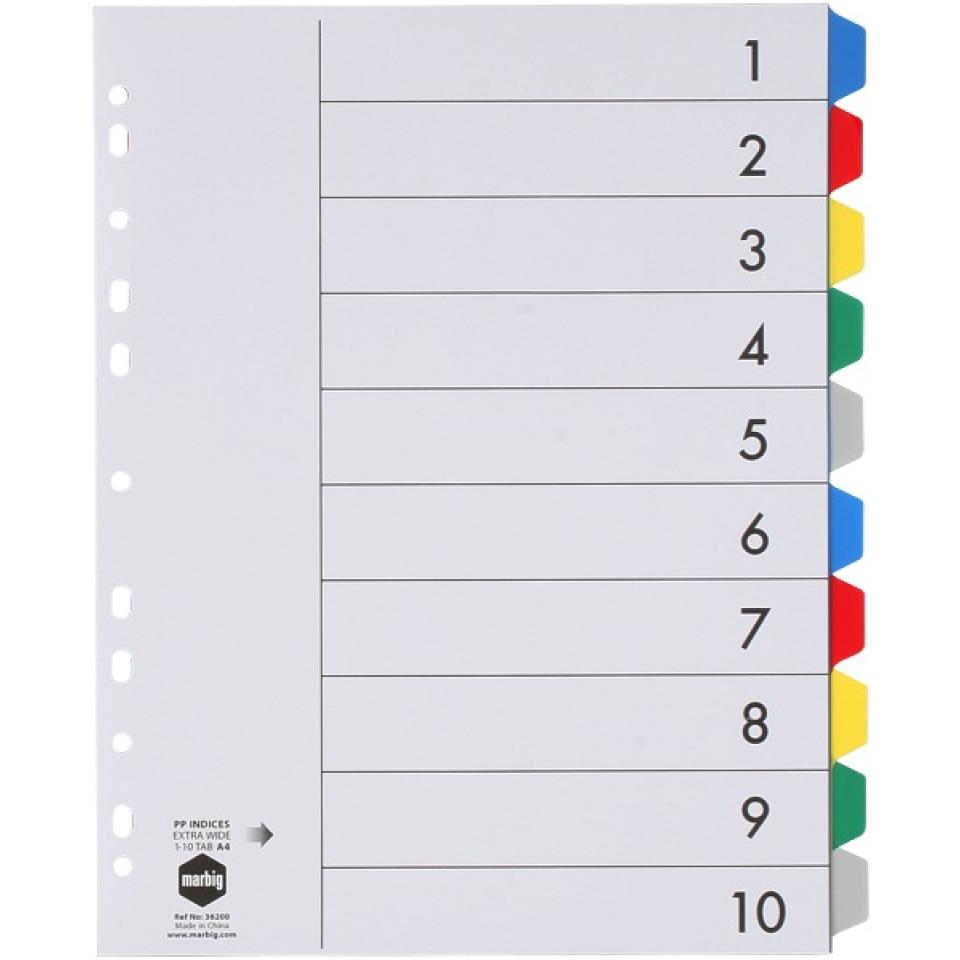Marbig Dividers Polypropylene Coloured Tab Extra Wide A4 10 Tab